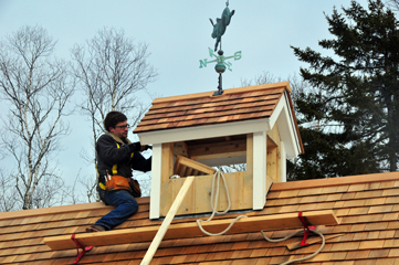 Peter from Becker Construction placed the first of our three weathervanes on the barn this week – a fanciful pig we have nicknamed Wilbur who will watch over the barn.  