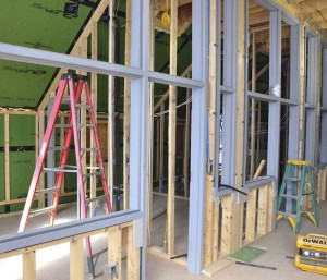 Interior window and door framing for the second floor offices.