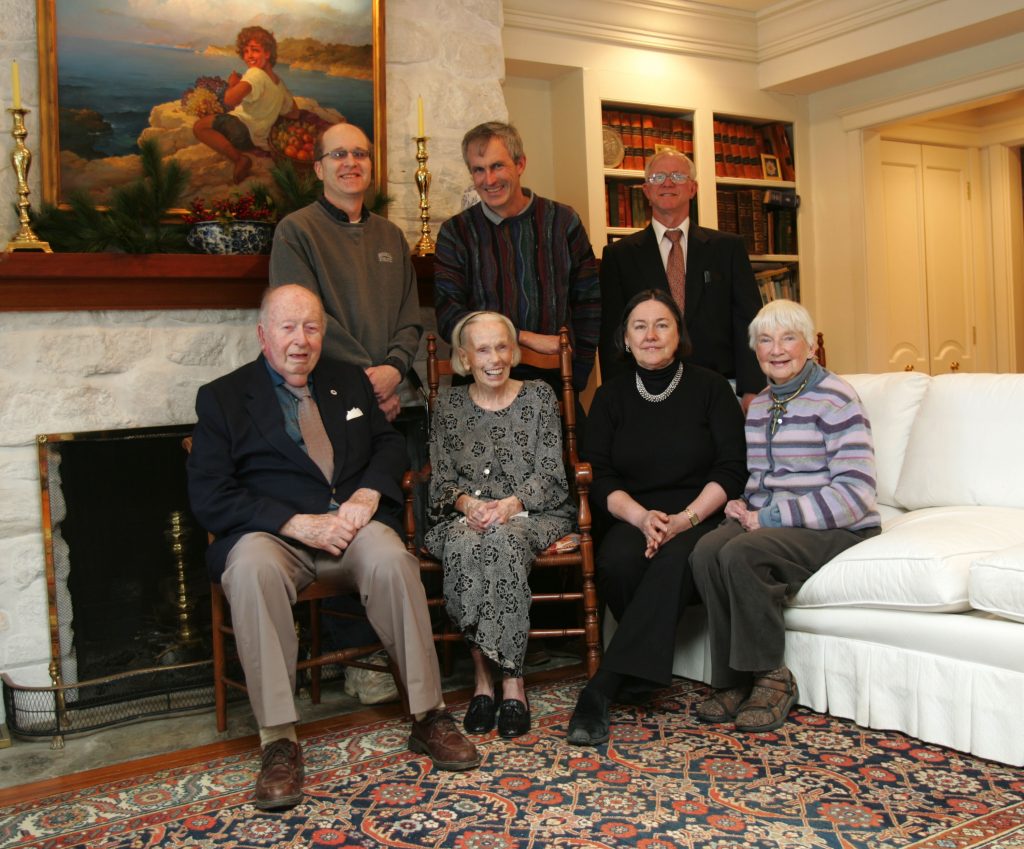 Robert Mitchell photo of some of the Coastal Maine Botanical Gardens Founders, bottom left to right: Ernie Egan, Alice West, Donna Phinney, Maggie Rogers. Top row: Greg Bond, Robert Boyd, Rollins Hale
