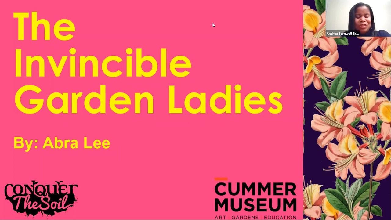 A presentation slide featuring "The Invincible Garden Ladies" by Abra Lee, with floral graphics and museum branding.