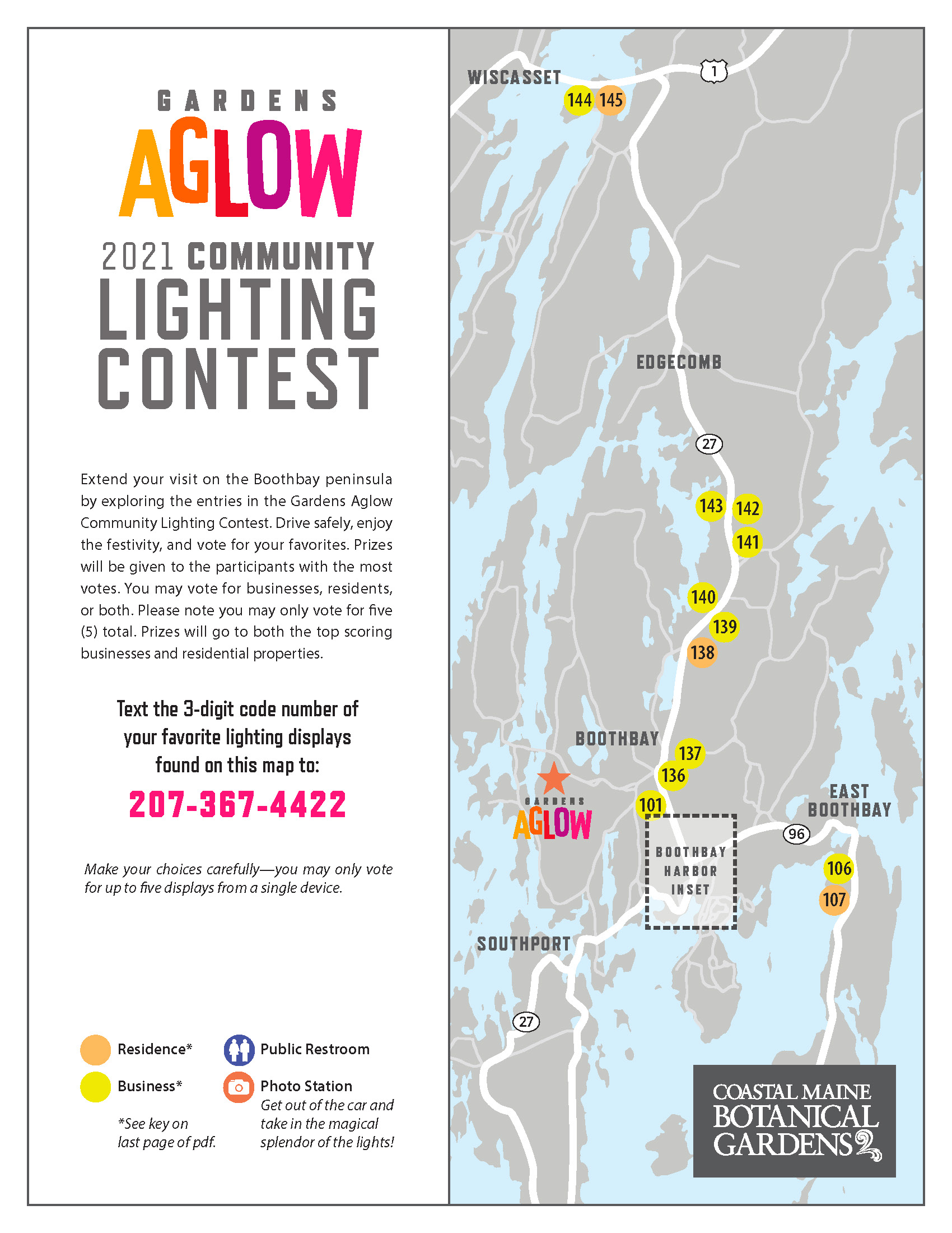 Community Lighting Contest Map. Text 207-405-0330 with the 3-digit code of your favorites to vote.